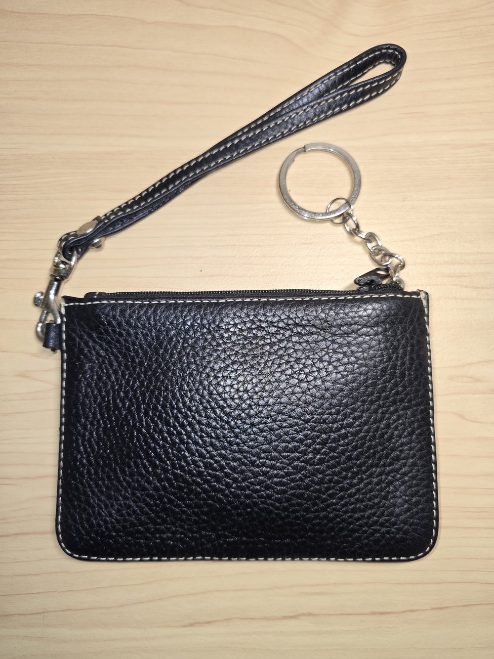DOONEY & BOURKE Black Pebbled Leather Wristlet Coin Pouch Keyring Detach Strap*